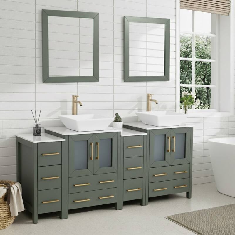 Vanity Art 72" Double Sink Bathroom Vanity Set with Engineered Marble Top and Free Mirror - 72 W X 18.5 D X 31.1 H