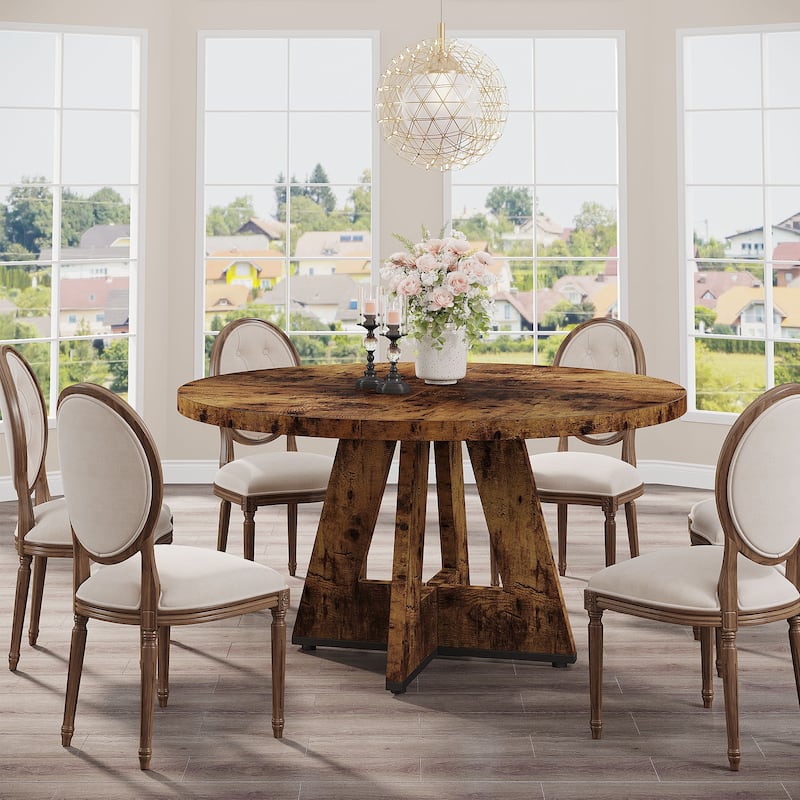 47 Inch Round Dining Table for 4, Wood Farmhouse Dinner Dinning Table for Kitchen Dining Living Room
