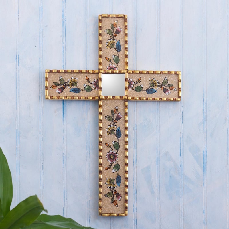 Novica Handmade Flowers Of Faith In Beige Reverse-Painted Glass Wall Cross