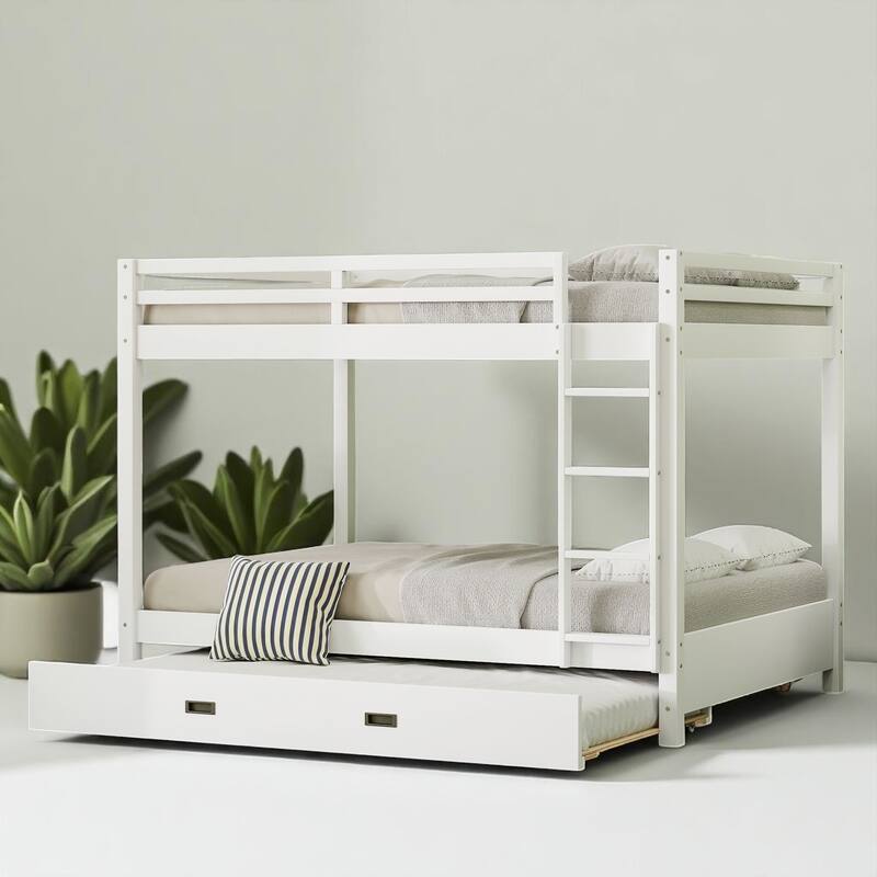 Wood Queen Bunk Bed Frame with Ladder and Trundle, Slatted Support, Safe Railings, Easy Assembly Included - White - Queen