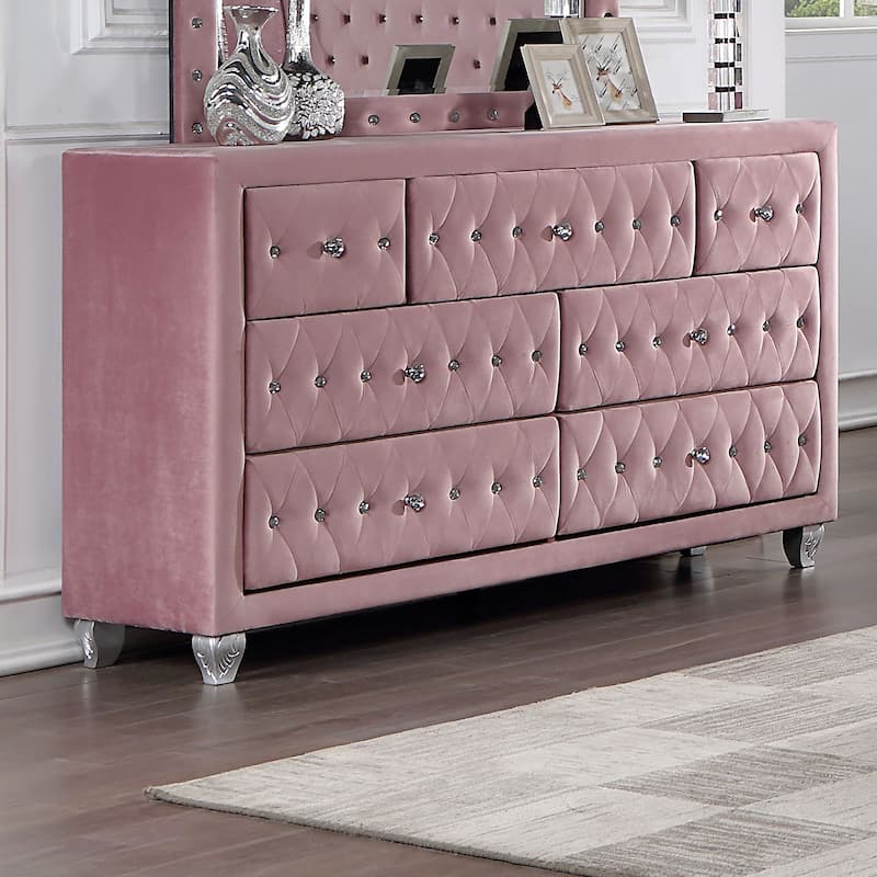 Vyvi Glam Pink 56-inch Wide 7-Drawer Button Fabric Tufted Dresser by Furniture of America - Pink with Care Kit