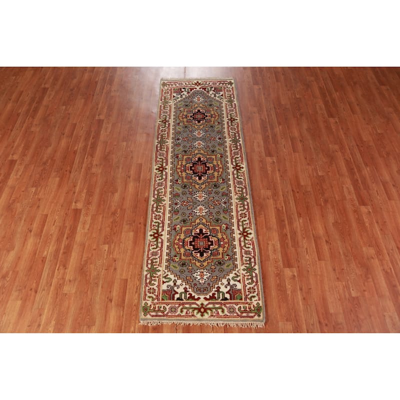 Hand Knotted Oriental 100% Wool Carpet Traditional Geometric Greys & Charcoal Heriz (serapi) Runner Rug - 7' 11'' X 2' 7''