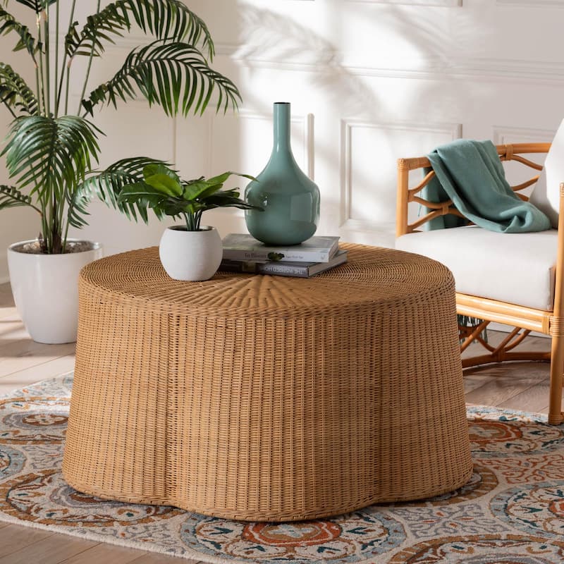 Palm Scalloped Rattan Coffee Table - Handwoven Wicker Round Accent Table for Living Room Patio or Sunroom, Coastal Style