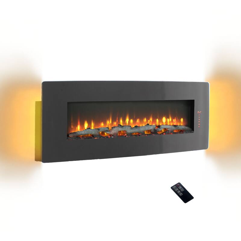 48-Inch Electric Fireplace with Curved Front, Multi-Color Flame & Ember Bed, Wall-Mounted or Tabletop, Remote Included - Black