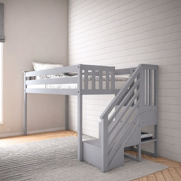 slide 2 of 10, Now Furniture Solid Wood Twin Low Loft Bed with Staircase Grey