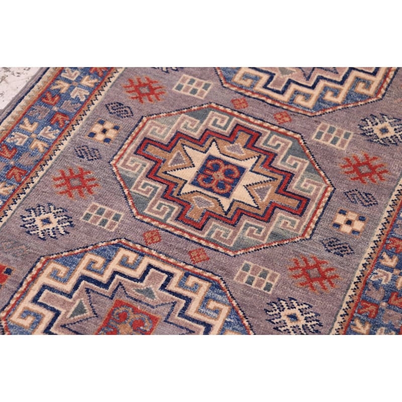 Southwestern Kazak Riley Gray/Light Blue Wool Runner - 2'7'' x 9'9''