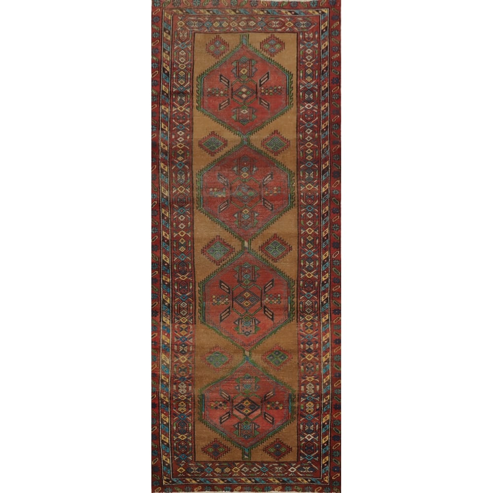 Hand Knotted Oriental 100% Wool Carpet Traditional Geometric Oranges & Rust Ardebil Runner Rug - 10' 0'' X 3' 4''