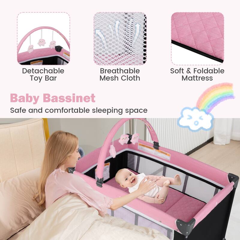 3-in-1 Kids Pack and Play with Changing Table Bassinet, Playpen and Toy Bar - 40.5" x 28" x 28"