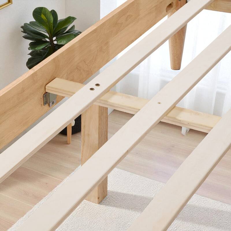 Queen/King Solid Wood Bed Frame with Fleece Upholstered Headboard and Tapered Legs, No Box Spring Needed