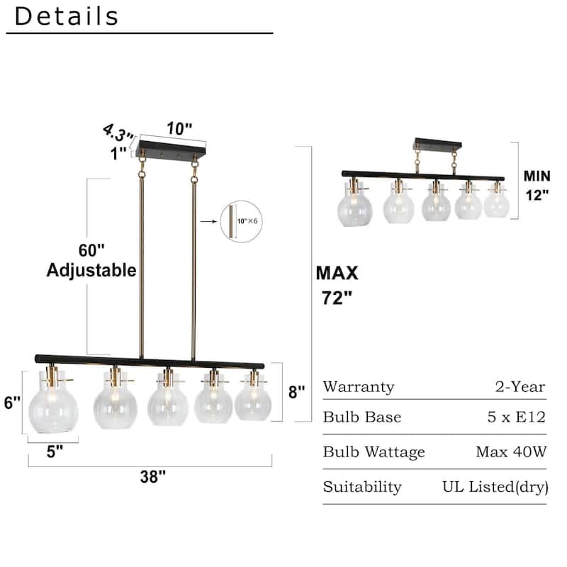 Modern Industrial 5-Light Black Gold Linear Chandelier Clear Glass Kitchen Island Lights for Dining Room
