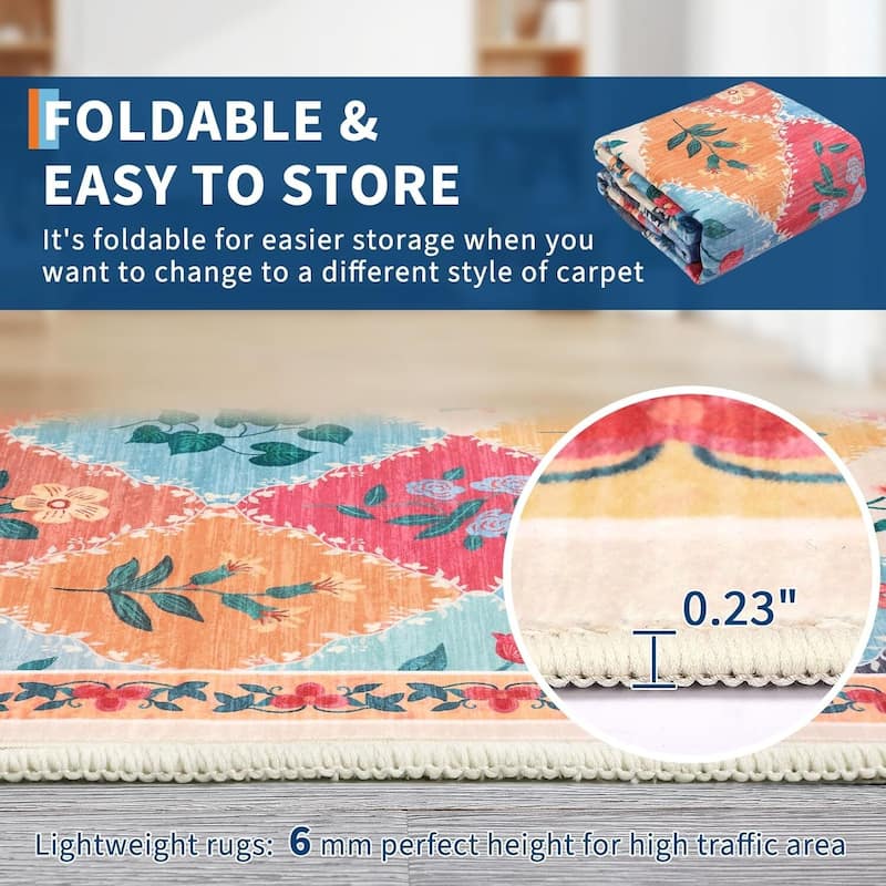 Vintage Floral Washbale Floor Cover Area Rug for Bedroom, Living Room, Colorful - 1'6" x 2'6"