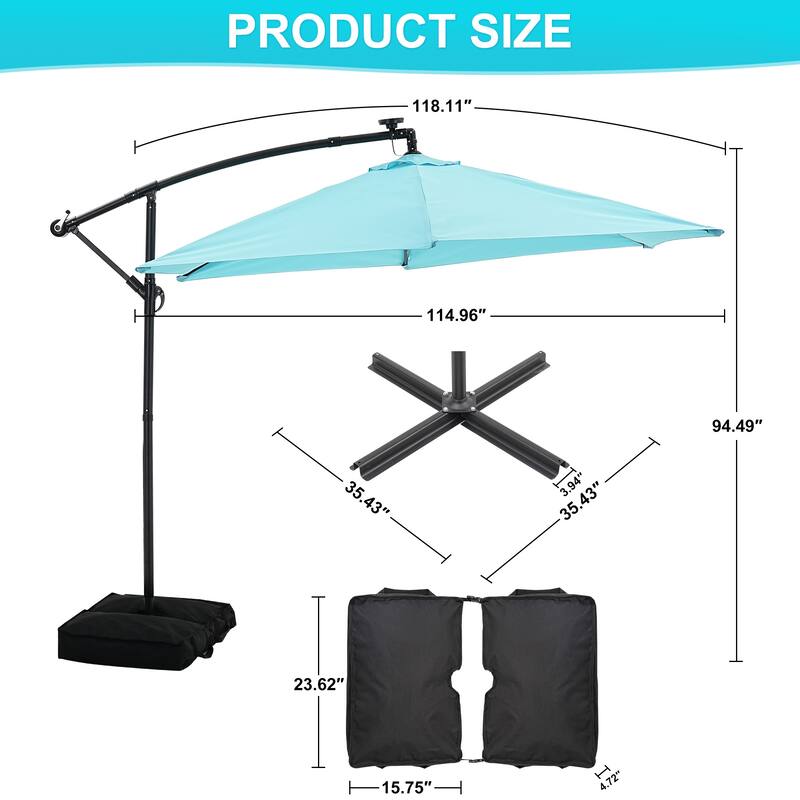 Autlaycil 10ft Offset Hanging Market Patio Umbrella With Base&Solar Lights