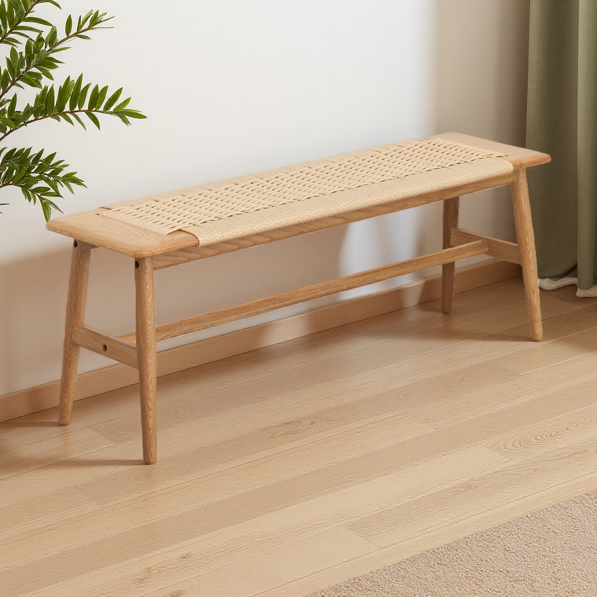 31.5"L Solid North American Oak Wood Dining Bench with Woven Cane Seat