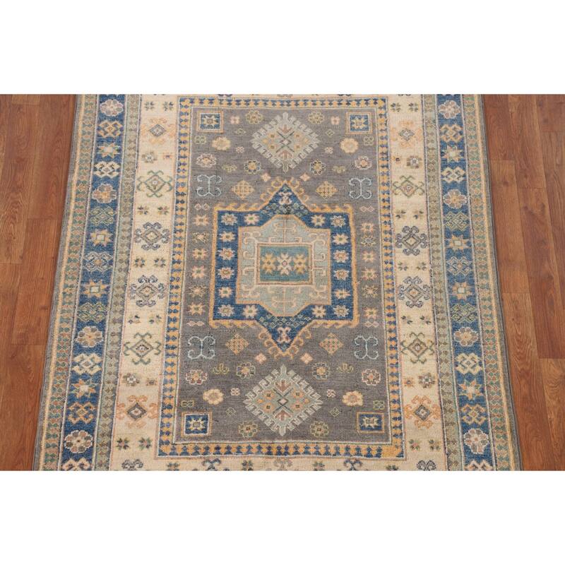 Geometric Kazak Area Rug Handmade Oriental Wool Carpet - 4'0" x 5'9"