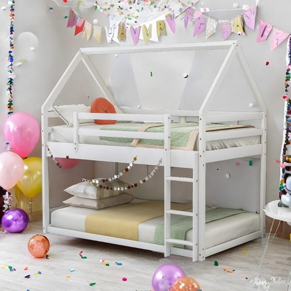 slide 2 of 15, House Bed Design Twin over Twin Low Bunk Bed, House Bed with Ladder White