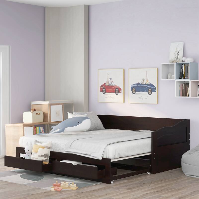 Wooden Daybed with Trundle Bed and Two Storage Drawers