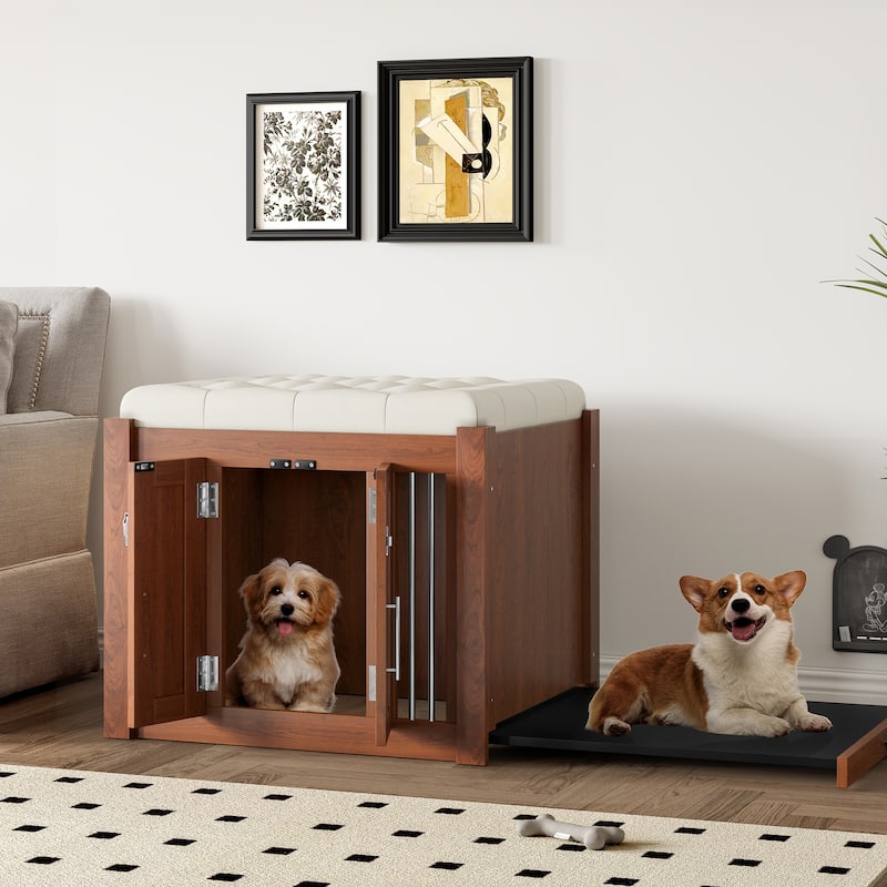 ‌30.25"L 2-in-1 Walnut Dog Crate with Padded Seat & Barn Door, Doubles as Ottoman with Removable Cushion.