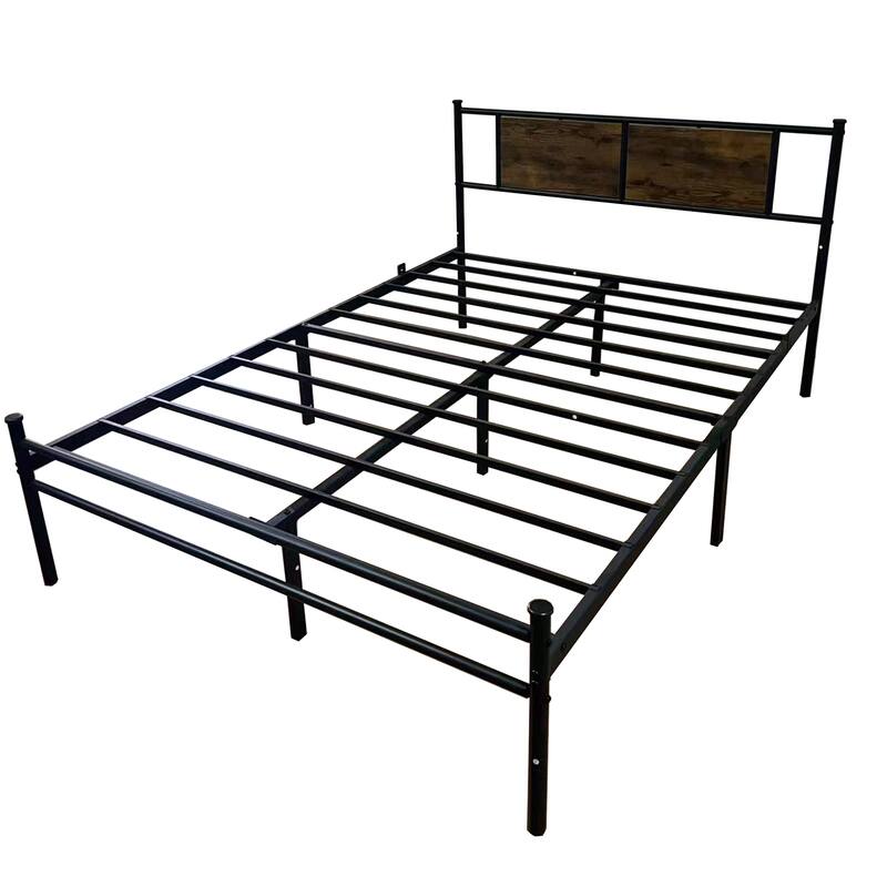 Queen Size Metal Platform Bed with Wood Panel Headboard, 900lb Capacity and 14" Under-Bed Storage