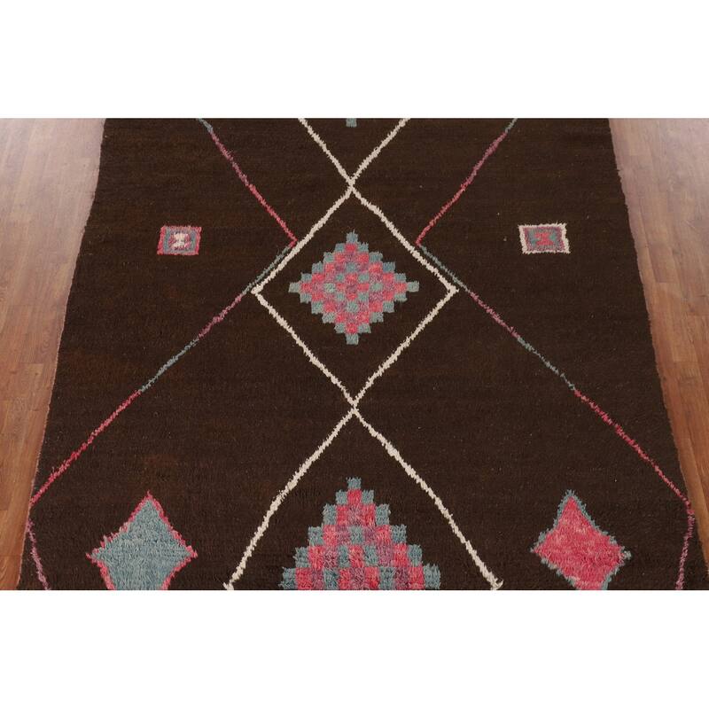 Tribal Brown Moroccan Oriental Area Rug Hand-Knotted Wool Carpet - 6'10" x 11'0"
