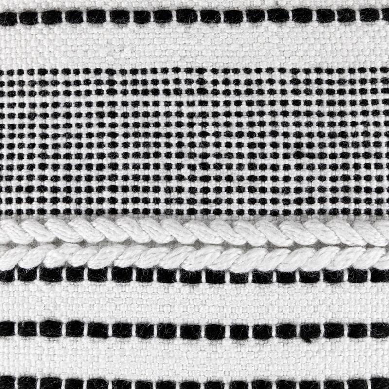18" White and Black Striped Outdoor Woven Pouf Ottoman