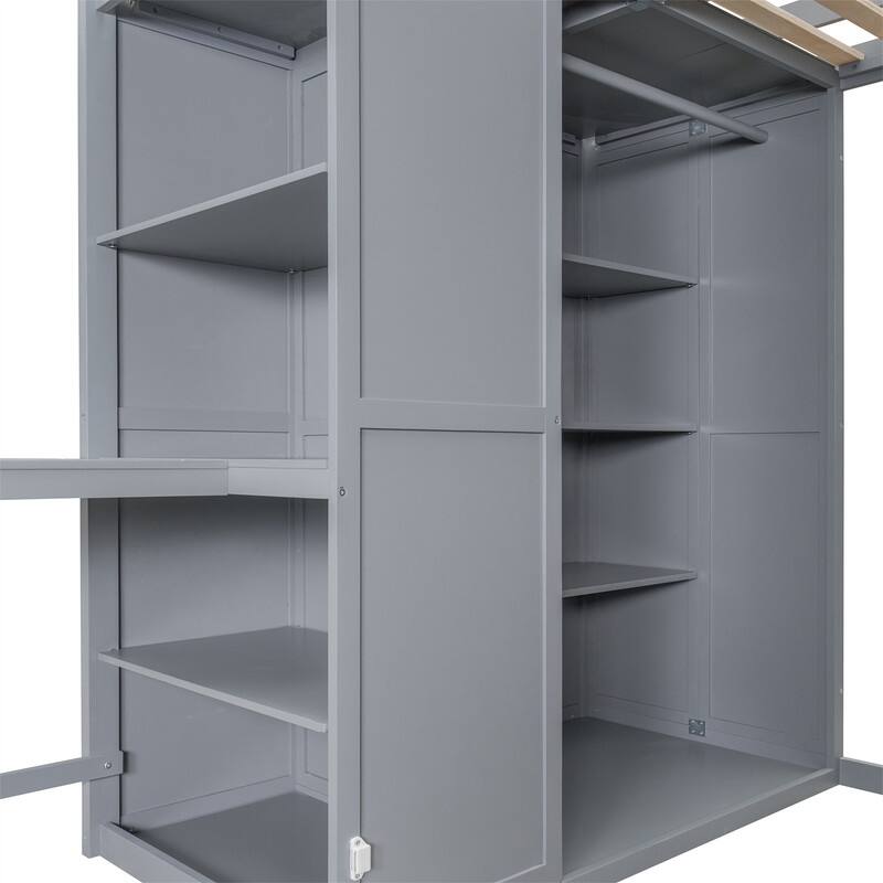 Full Size Loft Bed with Wardrobe, Bulit-in Desk and Storage Staircase, Kids Loft Bedframe with Storage Shelves and Guardrail
