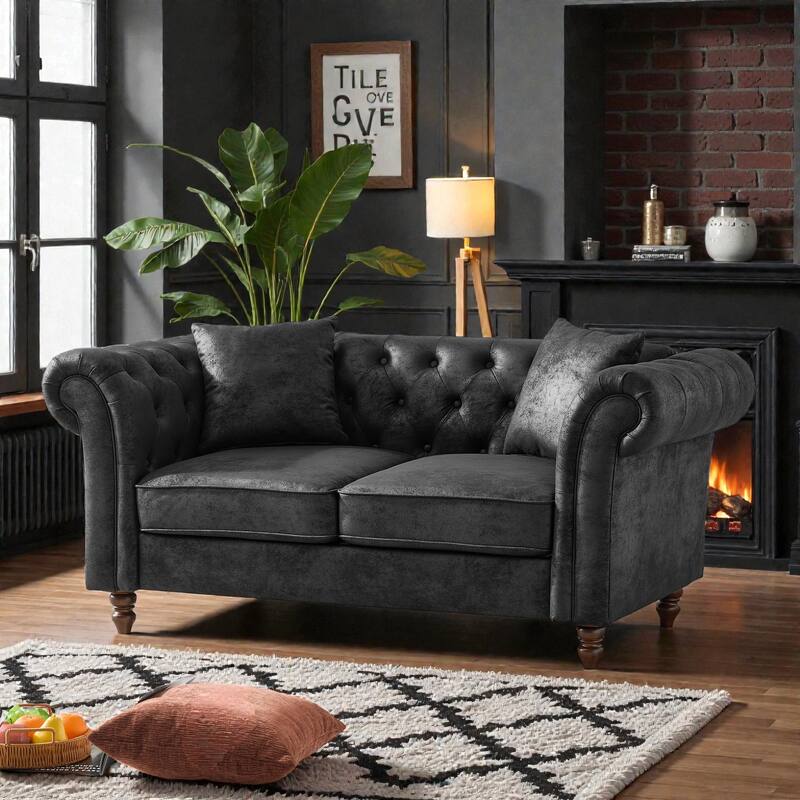 66" Chesterfield Tech Fabric Sofa, Rolled Arm 2-Seater Upholstered Couch for Living Room, Office & Apartments