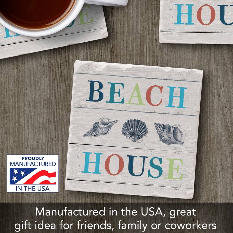 Beach House Vibe 4 Pack Absorbent Stone Coasters with Cork Backing 4" Square Made in The USA Absorbent Wipes Clean