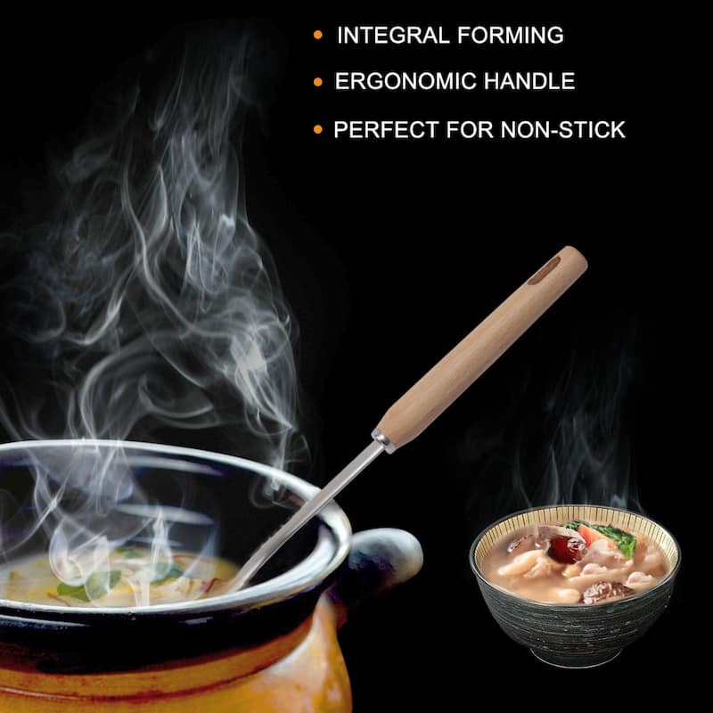 Stainless Steel Soup Ladle Spoon Wooden Handle Cookware Utensil - 10.8" x 3"(L*W)