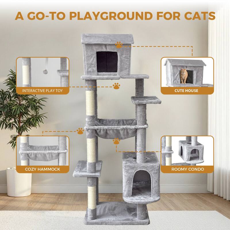 63 Inches Multi-Level Large Cat Tree Features 5 Levels