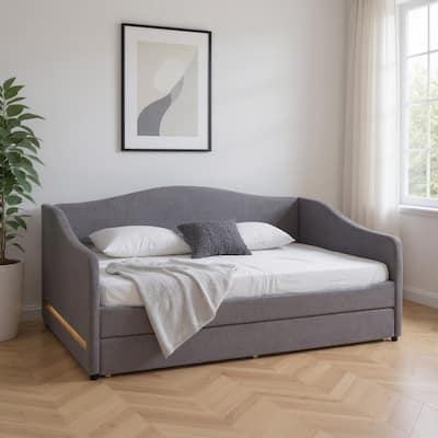 HomeRoots Gray Tufted Boucle Twin Day Bed With LED Lighting And Trundle And USB