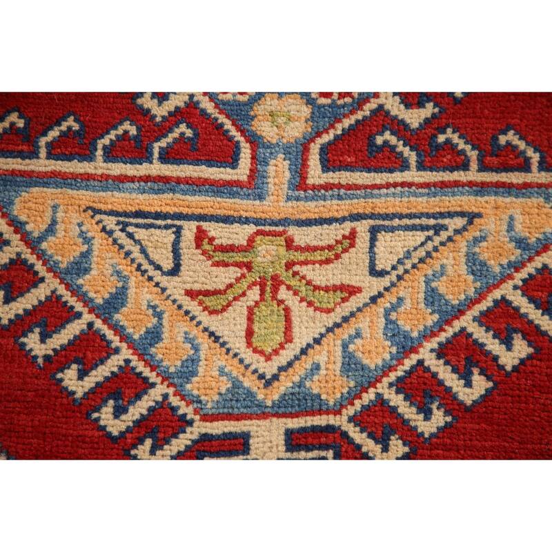 Geometric Kazak Oriental Accent Rug Hand-Knotted Red Wool Carpet - 2'7"x 3'8"