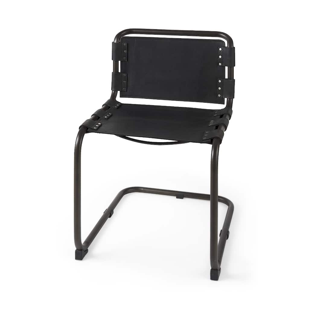 Contemporary Faux Leather Dining Side Chair with Open Back and Black Metal Legs Nailhead Trim - 31”H x 25”W x 21”D
