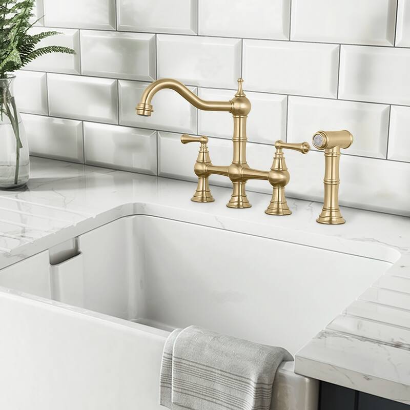 WOWOW Double Handle Bridge Kitchen Faucet with Side Sprayer