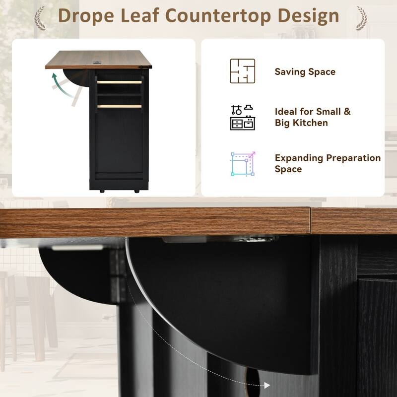 53.8" Farmhouse Rolling Kitchen Island with Power Outlet, 2 Sliding Barn Doors, Drop Leaf and Spice Rack