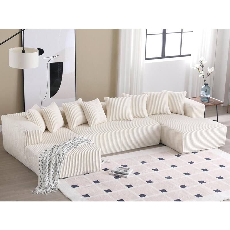 U-shaped Floor Sectional Sofa Striped Corduroy Upholstered Recliner Couches with 2 Chaise Lounge and 8 Toss Pillows