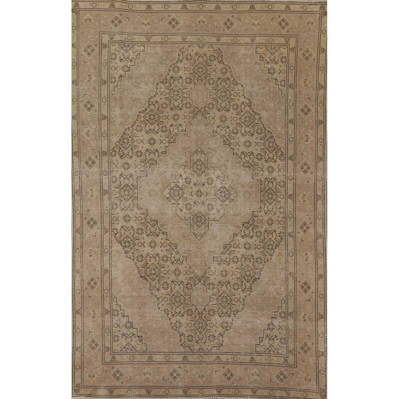 Distressed Tabriz Persian Vintage Rug Handmade Beige Wool Carpet - 6'5" x 9'5"