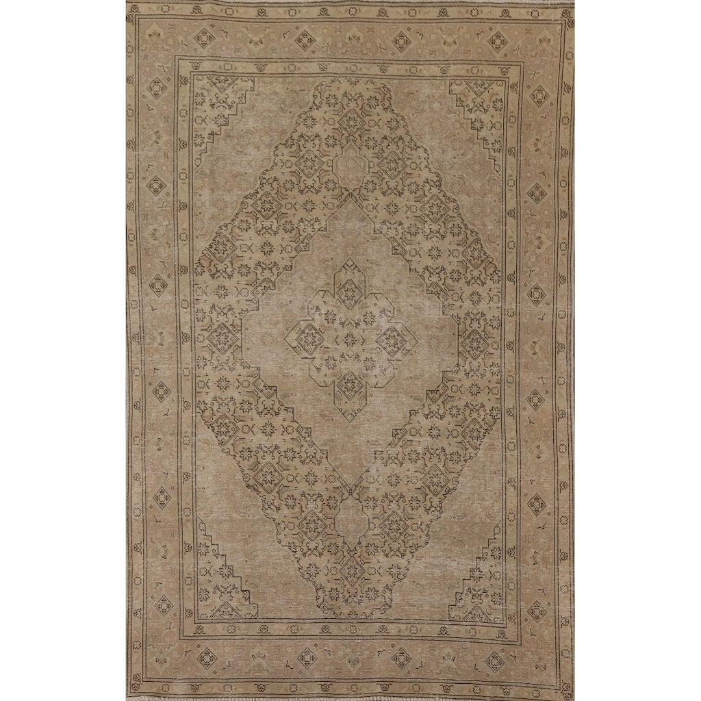 Distressed Tabriz Persian Vintage Rug Handmade Beige Wool Carpet - 6'5" x 9'5"