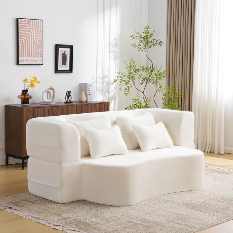 Queen Size Modern Sofa With 4 Pillows,Plush Fabric Futon Sofa Couch,High-Density Foam Folding Mattress,No Assembly Required
