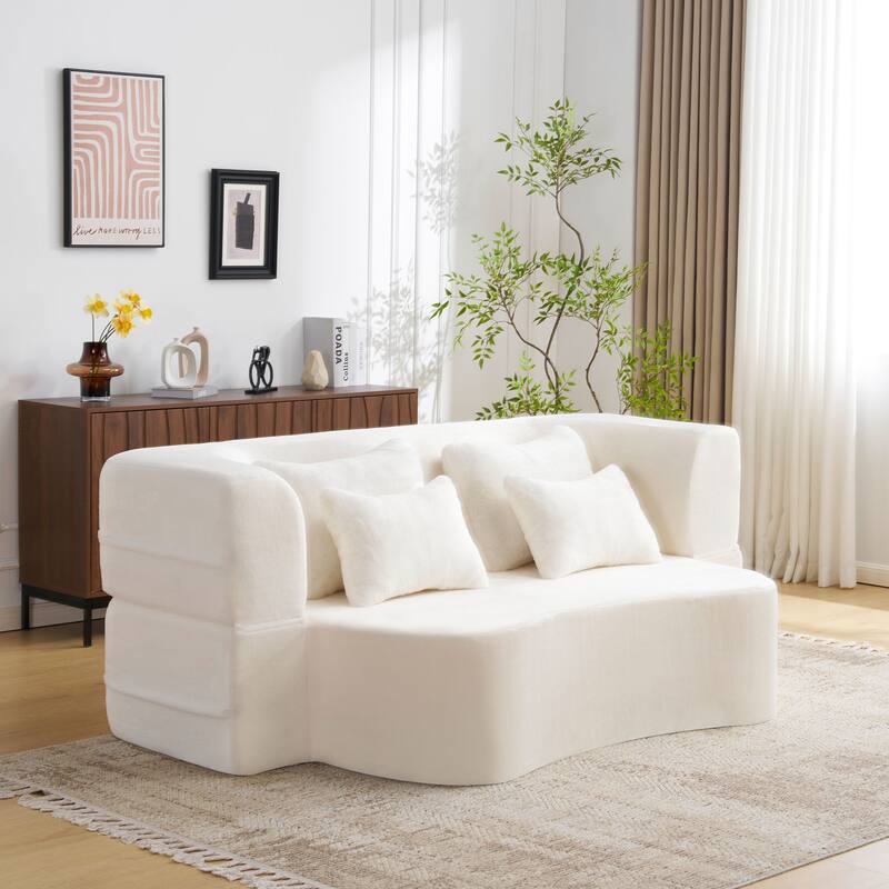 Roomfitters Queen Size Modern Floor Sofa with 4 Pillows, Plush Fabric Futon Couch Folding Mattress for Living Room