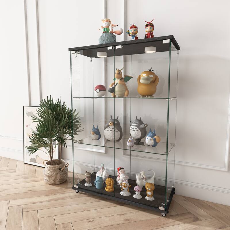 Modern Glass Display Cabinet with LED Lights, Quick-Assembly 2-Door Bookcase with Tempered Glass & Black Frame