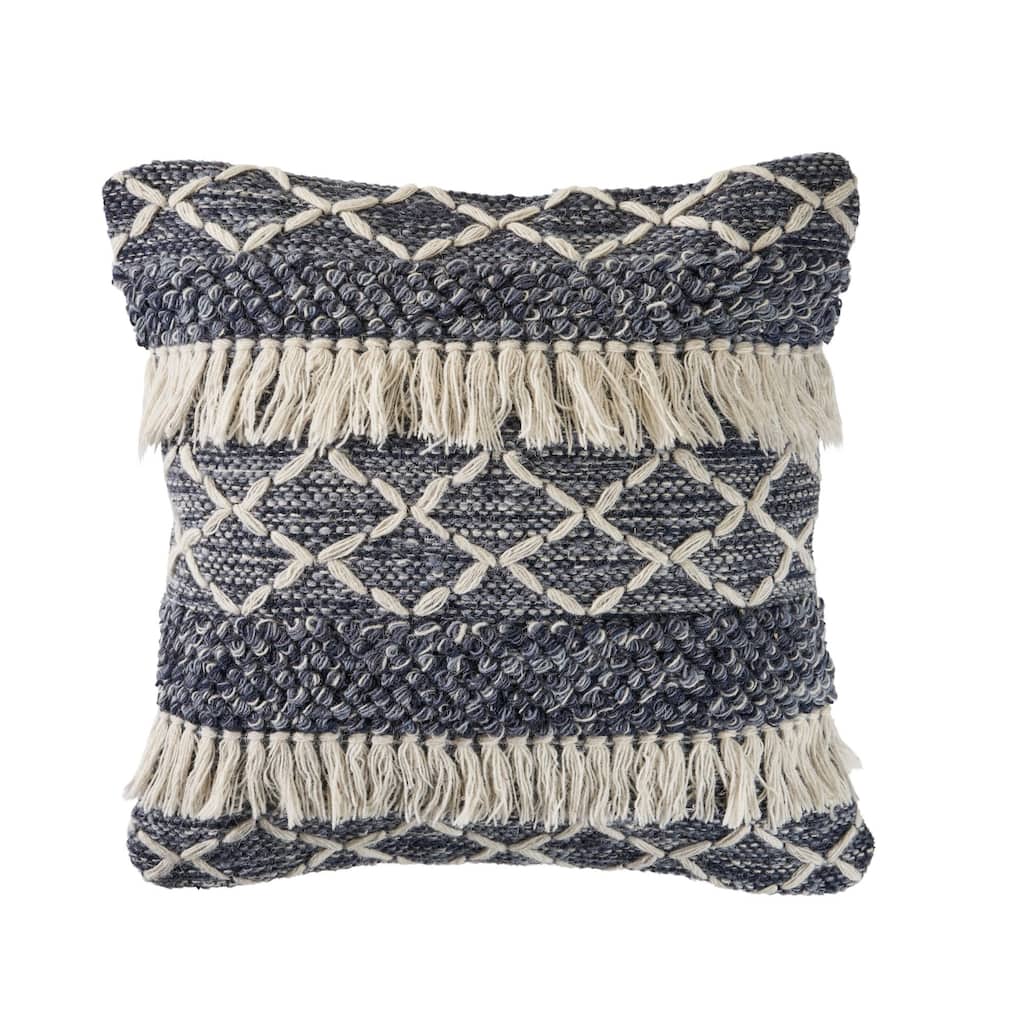 20" Navy Blue and Off White Textured with Fringe Square Throw Pillow