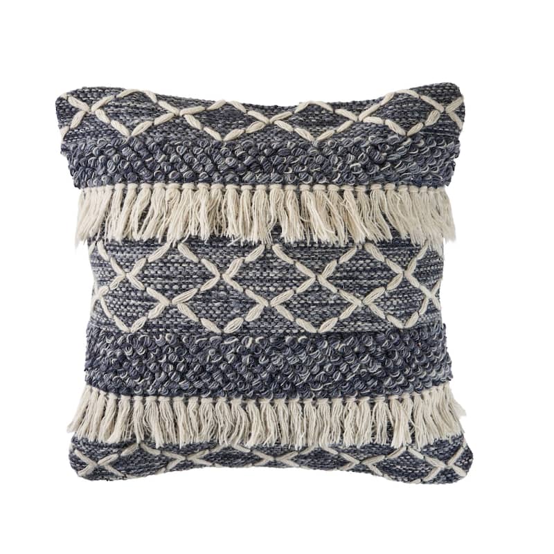 20" Navy Blue and Off White Textured with Fringe Square Throw Pillow