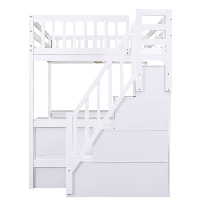 Full Size Loft Bed with L-Shaped Desk, Storage Shelves, and Staircase, White