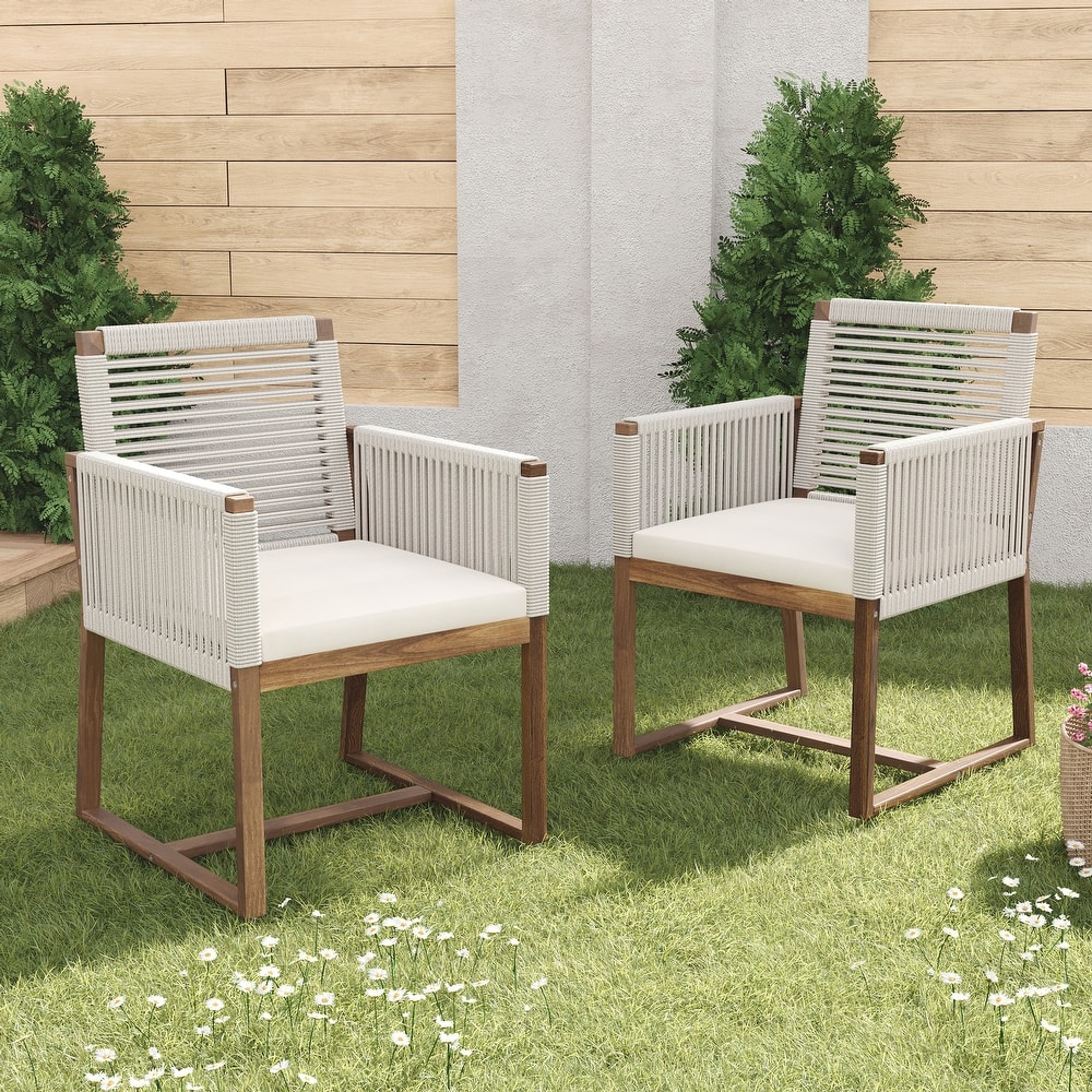 Christopher Knight Home - Noah Outdoor Dining Armchair Chairs（Set of 2) with Rope Design Back Patio Chairs,Washable Cushion