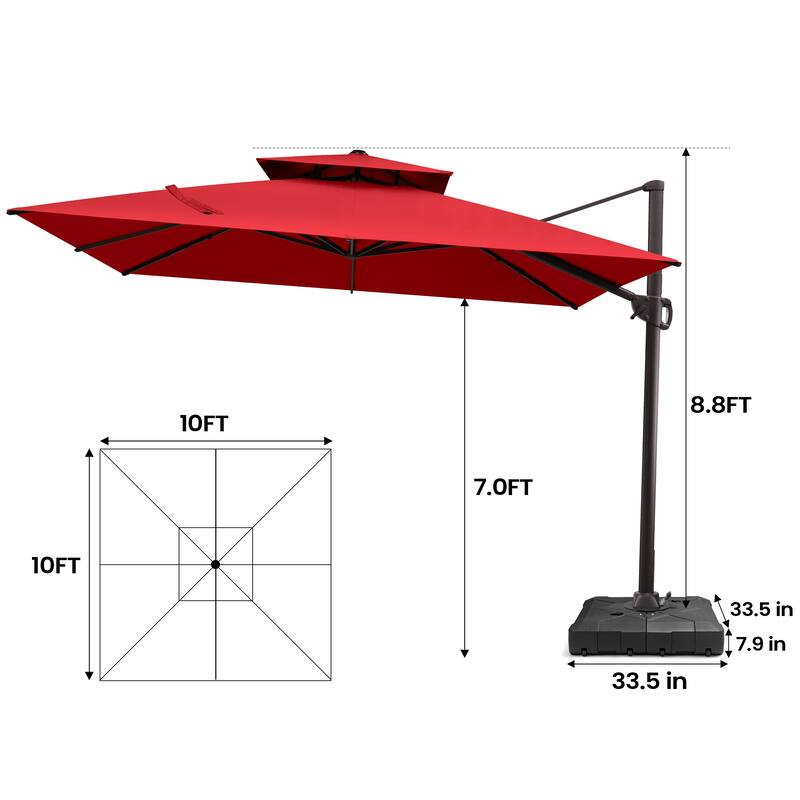 Pellebant 10 ft Square Patio Cantilever-Offset Umbrella 360 Degree Rotation with Wheel Base