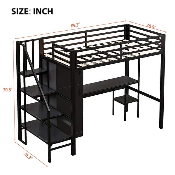 dimension image slide 0 of 2, Twin Size Bed Frame Metal Loft Bed with Desk, Shelf, Built-in Wardrobe and Storage Staircase for Children, Boys and Girls