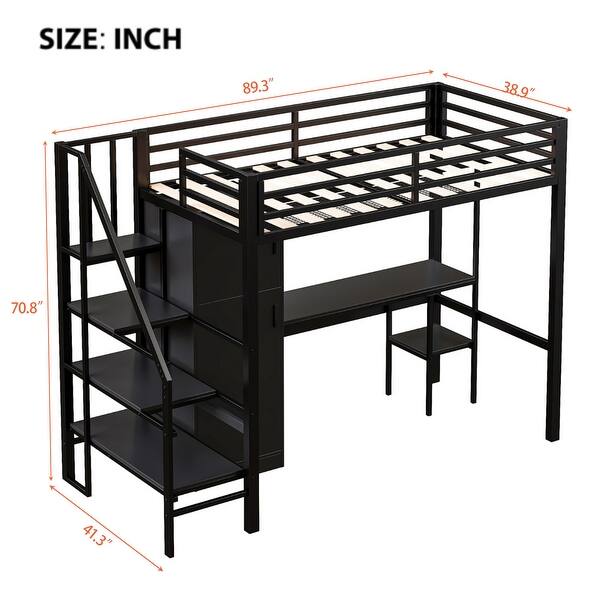 dimension image slide 1 of 2, Twin Size Metal Loft Bed With Desk and Shelf, Multi-functional Kids Bed Frame with Wardrobe and Storage Staircase