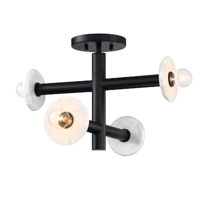 Fina 16 in. 4-Light Matte Black Modern Semi Flush Mount with Natural Marble Accents for Bedrooms - 12.25