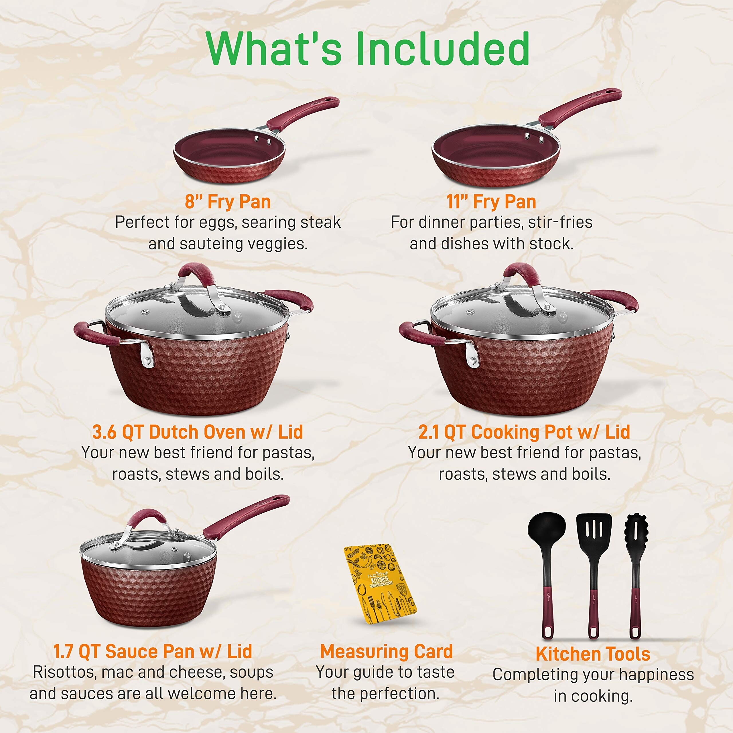 NutriChef PTFE/PFOA/PFOS 14-Piece Nonstick Kitchen Cookware, Set  w/Saucepan, Frying Pans, Cooking Pots, Dutch Oven Pot, Lids, Utensil, Gold