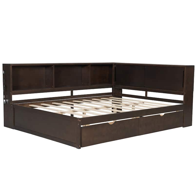 Queen Size Wood Daybed with LED Storage Shelves, USB Ports, and 2 Drawers by Harper&Bright Designs